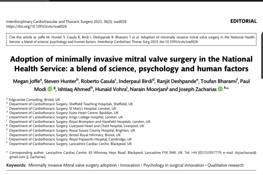 Adoption of minimally invasive mitral valve surgery in the National Health Service: a blend of science, psychology and human factors.