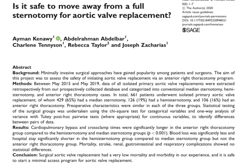 Is it safe to move away from sternotomy for aortic valve replacement?