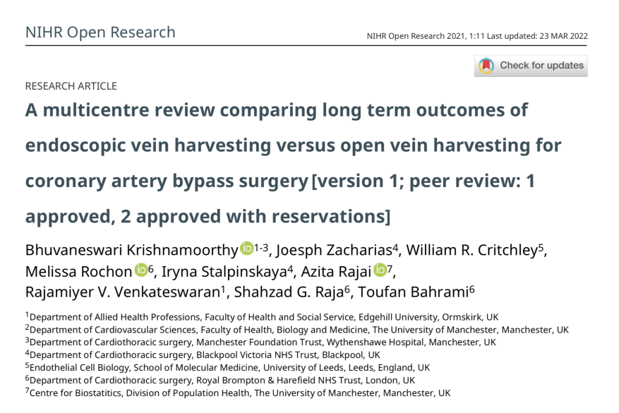 A multicentre review comparing long term outcomes of endoscopic vein harvesting versus open vein harvesting for coronary artery bypass surgery.