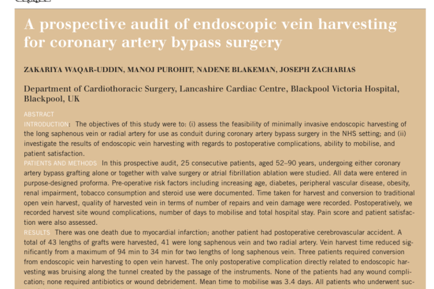 A prospective audit of endoscopic vein harvesting for coronary artery bypass surgery.