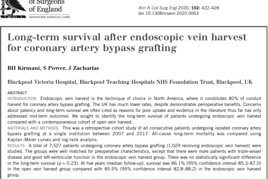 Long-term survival after endoscopic vein harvest for coronary artery bypass grafting.