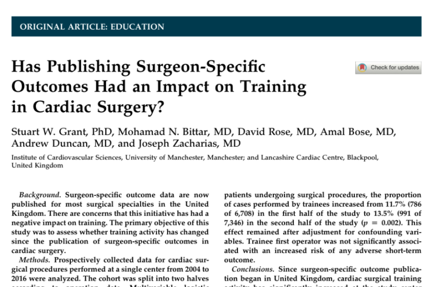 Has publishing surgeon specific outcomes impacted on training in cardiac surgery?