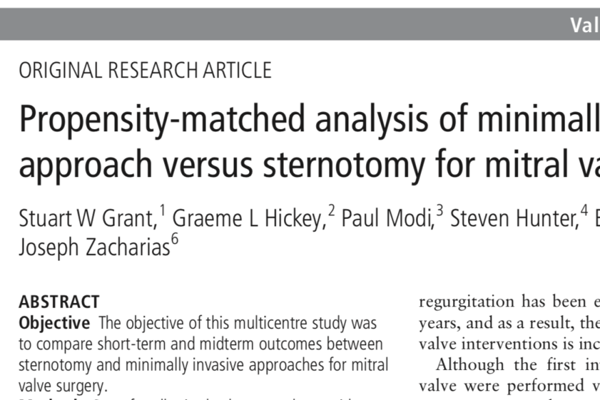 Propensity-matched analysis of minimally invasive approach versus sternotomy for mitral valve surgery.