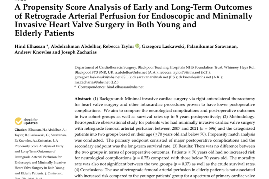 A Propensity Score Analysis of Early and Long-Term Outcomes of Retrograde Arterial Perfusion for Endoscopic and Minimally Invasive Heart Valve Surgery in Both Young and Elderly Patients.