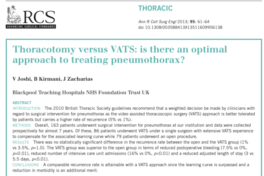 Thoracotomy versus VATS: is there an optimal approach to treating pneumothorax?