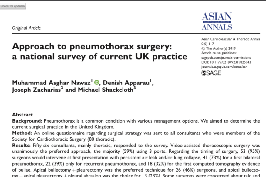 Approach to pneumothorax surgery: a national survey of current UK practice.