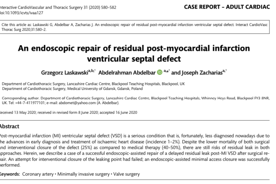 An endoscopic repair of residual post-myocardial infarction ventricular septal defect